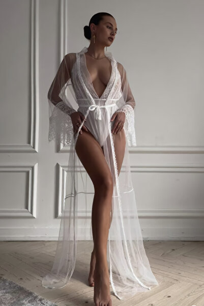 Étoile Tül Dantel Sabahlık & Bodysuit Takımı Bridal Gelin Seti