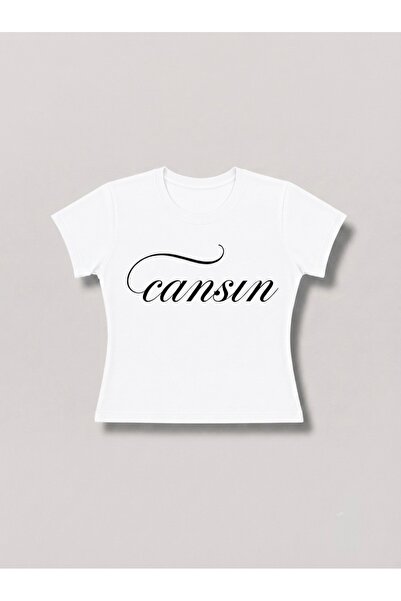 manicsellout "Cansın" Yazılı Kadın Crop Tişört - Baskılı Siyah Baby Tee