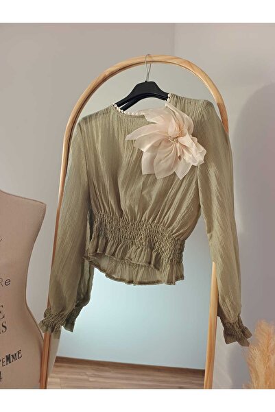 NICI UN BREND Bluza ruffle de vara, transparenta - kaki