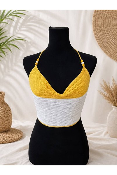 Major Butik Handmade Crochet Crop Blouse |   Bohemian Summer Women's Blouse with Straps Bustier Yellow