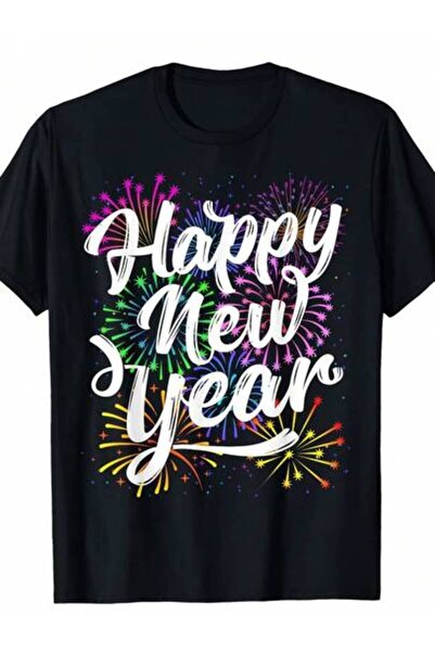 LİNA06 تي شيرت Happy Year Colorful Fireworks Plus Size - تصميم أنيق بخط مائل ...