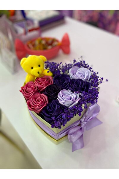 Buketim Seninle Heart Box Non-Fading Satin Rose Bouquet, Satin Flower, Gift f...