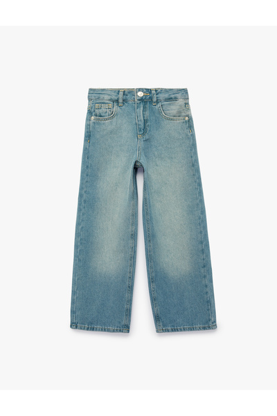 Koton Cotton Pocketed Loose Fit Wide Leg Denim Trousers