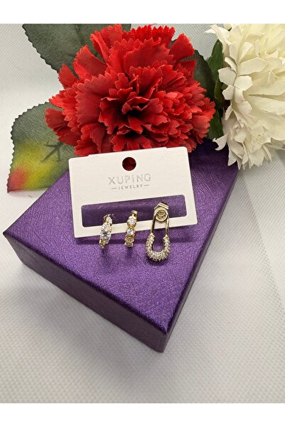 XUPING JEWELRY ZİRKON TAŞLI 14K RENGİ ÇENGEL İĞNE 3LÜ ÇELİK KÜPE SETİ