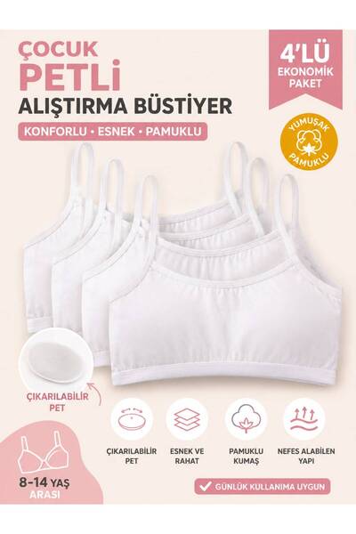 QULAT Çocuk Petli Alıştırma Büstiyer 4’lü Ekonomik Paket | Çıkarılabilir Pet | Esnek Pamuklu