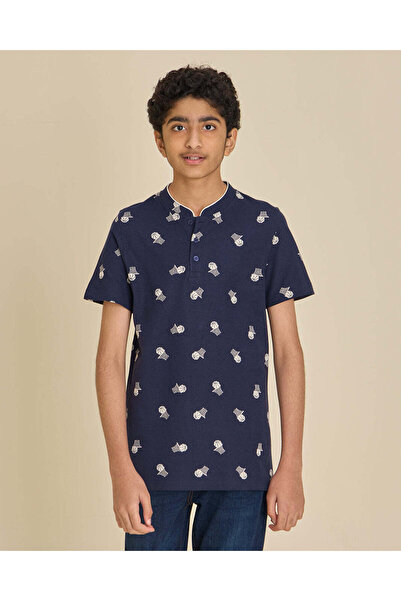 REDTAG Senior Boys Navy Printed Mandarin Collar T-Shirt