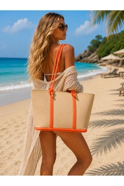 OEM Women's beach bag with zipper, shopper type, beige and orange