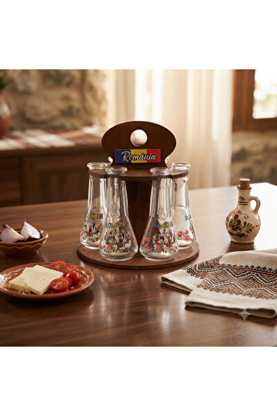 LimArt Set 6 pahare toi pentru tuica 100 ml, cu suport decorativ din lemn Rom...