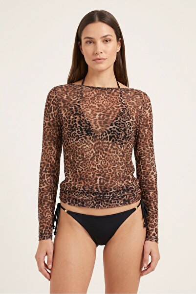 OBJE Women's Leopard Pareo Top with Gathered Sides