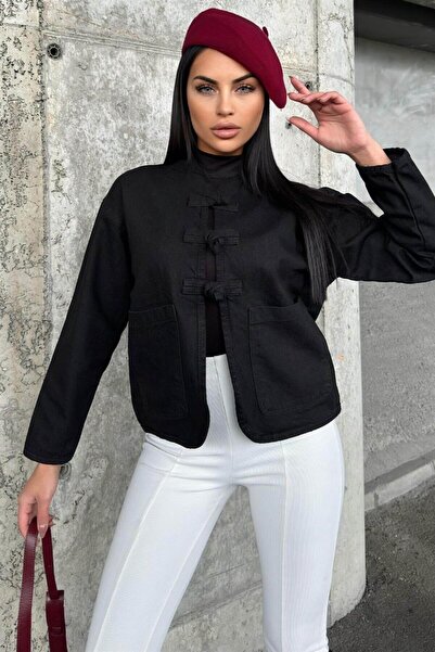 Moda4x4 Women's Clothing Black Front-Tie, Pocket Detailed, Oval Cut, Loose De...
