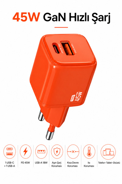 Ayers iPhone Turuncusu 45W GaN Hızlı Şarj Adaptörü – iPhone Uyumlu USB-C PD 4...