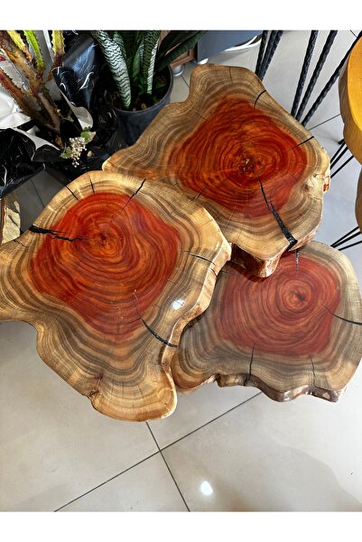 Kilikya Wood Harnup (Keçiboynuzu) Ağacından Masif Ahşap 3’lü Zigon Sehpa – El...