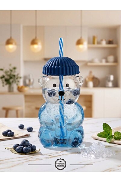 METE MUM SEVİMLİ AYICIK FİGÜRLÜ PİPETLİ CAM BARDAK ŞAPKA KAPAKLI ÇOCUK MATARA...