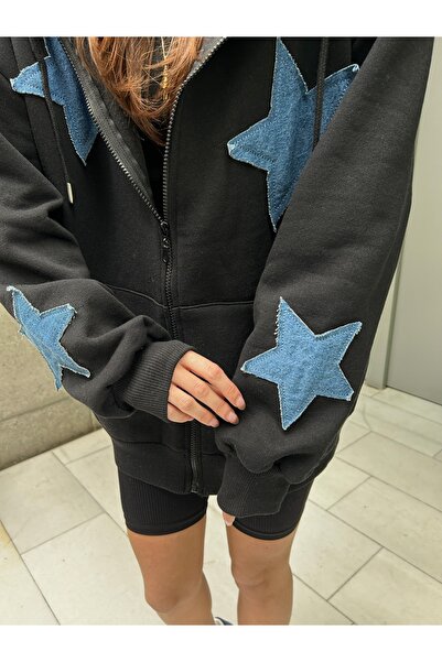 harmony factory Women's Oversize Star Patch Hooded Zipper Sweatshirt