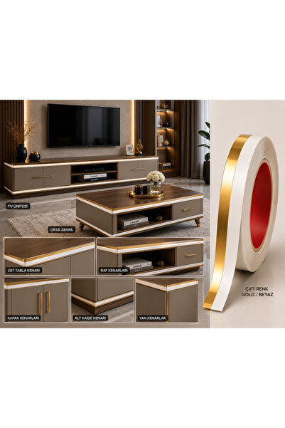 18 MM (5 Mt) Gold/Beyaz Kendinden Yapışkanlı Mobilya Kenar Şerit