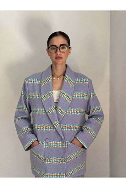 Retrobird 90'lar Retro Model Oversize Tasarım Ekose Ceket Kadın Eflatun