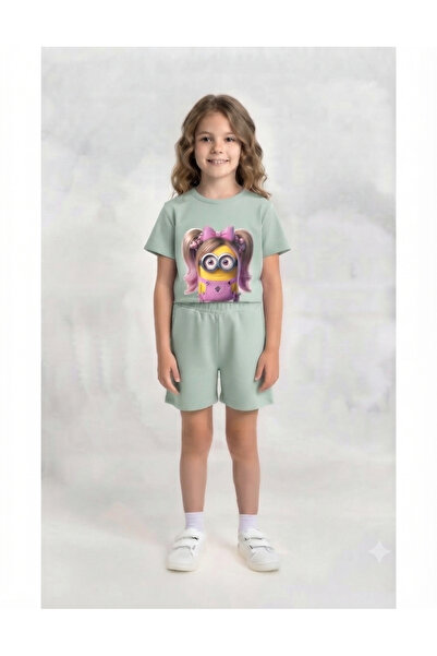 LİTTLE TORTOİSE Girls' Minions Printed Crew Neck T-Shirt - Shorts Set