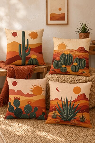EVPANYA Desert Cacti Patterned 4-Piece Throw Pillow Cover Set