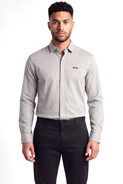 BOSS Men's Regular Fit Mini Square Patterned Cotton Long Sleeve Gray Shirt