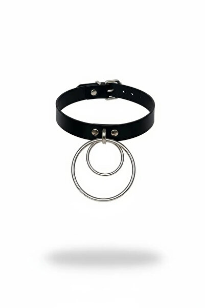 Angels Passion Black Vegan Leather Choker with Double Silver Ring Detail