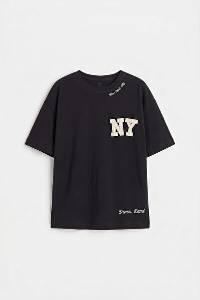 TOMMY LIFE Black Oversize Short Sleeve Printed Girls' T-Shirt - 75174