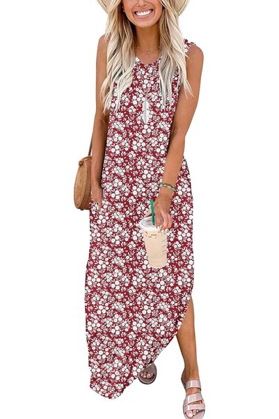 WNEEDU Red long summer dress, sleeveless, V-neck, L