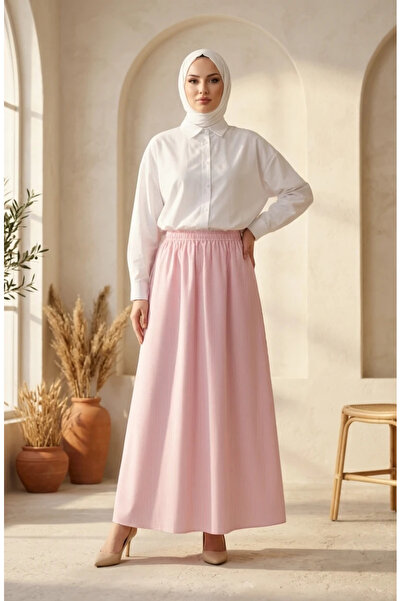 sefamerve Viscose Fabric Elastic Waist Striped Skirt 0348-05 Pink