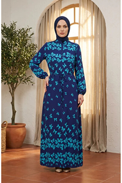 sefamerve Viscose Fabric Bow Patterned Hijab Dress 0338-06 Indigo
