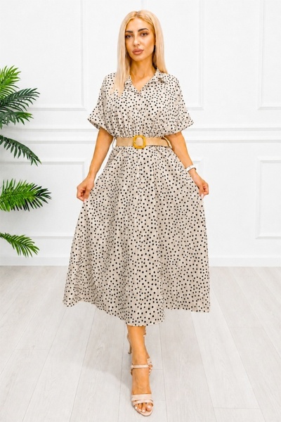 FashionForYou Rochie midi casual EVELISSE, cu guler tip cămașă și curea textu...