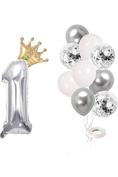 Yıldızan 1 Number Silver Foil Balloon, Silver Balloon with King Crown and Con...