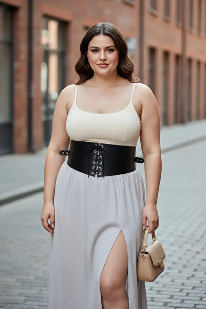 Angels Passion Plus Size Black Women's Belted Corset Detailed Dress Combination