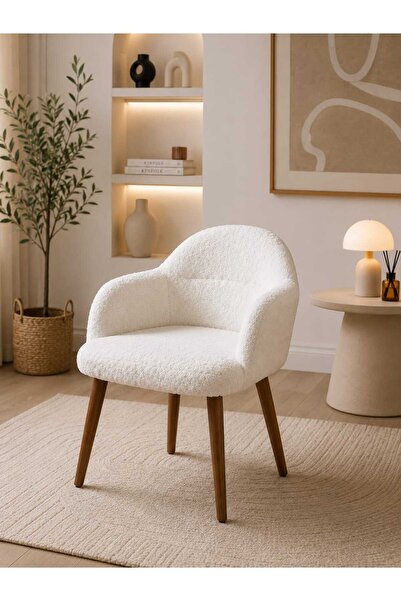 Yuems home Teddy Kumaş Makyaj Sandalyesi Gürgen Ahşap Ayaklı Modern Berjer (B...