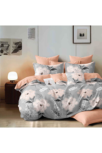 CumparaMisim Lenjerie pat dublu, bumbac satinat, 4 piese, Gri, Roz, flori