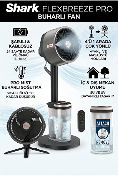 Shark FA300EU FlexBreeze Pro Şarjlı Buharlı Fan - Ayaklı ve Masaüstü Vantilat...