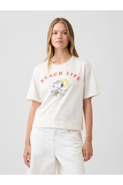 GAP Kadın Beyaz Peanuts Oversized Grafik Baskılı T-Shirt