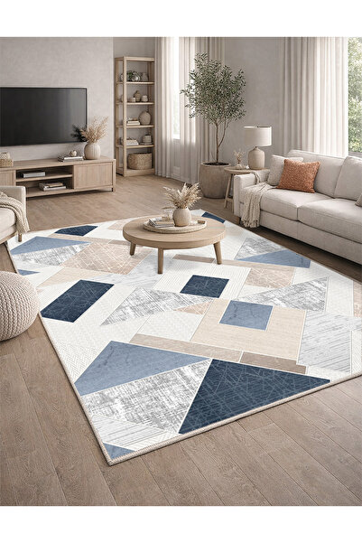 Lioara Home Geometri Desenli Dijital Baskı Halı | Yıkanabilir Kaymaz Taban Sa...