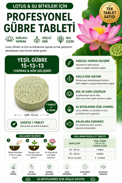 Bade Shop Lotus Nilüfer Gübresi 15-13-13 Tek Tablet Yaprak ve Kök Gelişim Güb...