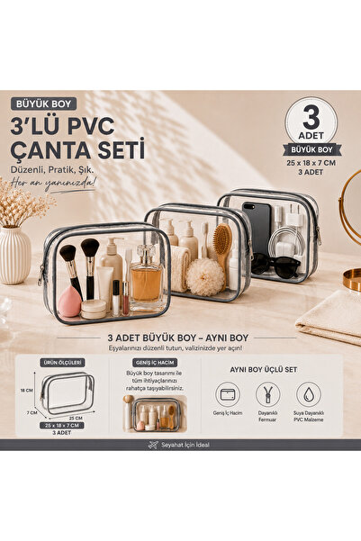 MODEL 3’lü Büyük Boy Su Geçirmez PVC Kozmetik Çantası Seti | Makyaj Organizer...