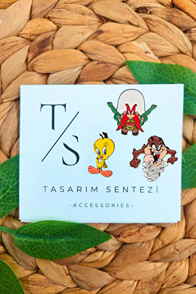 Tasarım Sentezi Rozet Metal Broş 3'lü Tazmanya Canavari Tweety Yosemite Sam Ç...