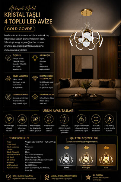 Genel Markalar Ahtapot Model Kristal Taşlı 4 Toplu LED Avize Gold – 3 Renk Ay...