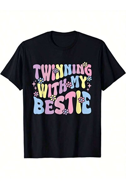 NOURAM تي شيرت نسائي متطابق بطبعة 'Twinning My Bestie' باللون الأسود مع حروف ...