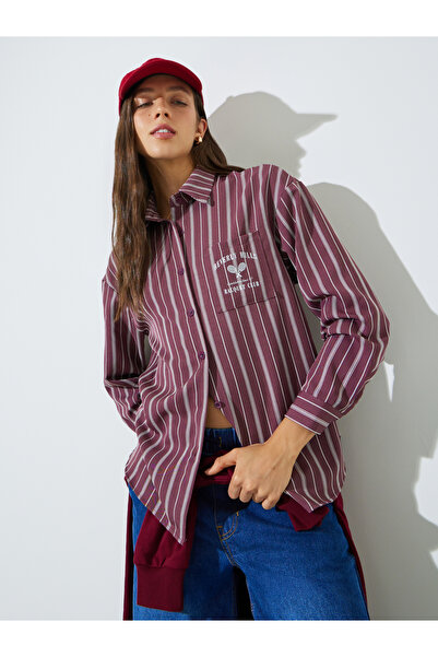 Styli Maroon Printed Chest Pocket Striped Oversized Shirt