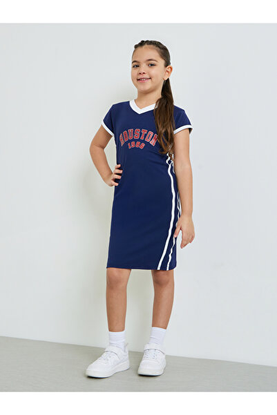 Styli Girls Navy V Neck Printed Bodycon Dress