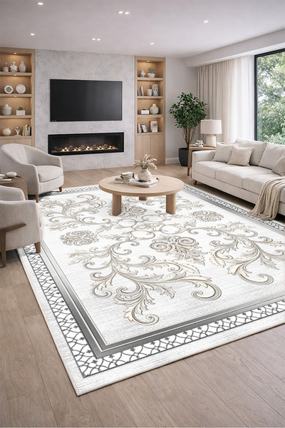 Lioara Home Modern Klasik Desen Dijital Baskı Halı | Yıkanabilir Kaymaz Taban...
