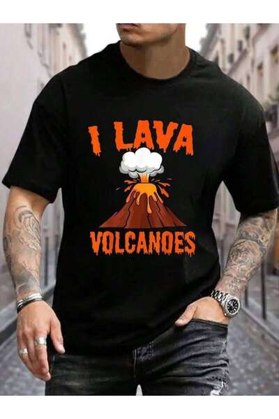 799 تي شيرت رجالي أسود 100% قطن بطبعة I Lava Volcanoes Geologist Volcanologis...