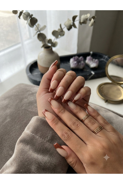 Shades On Nails Handmade Press-On Nails Set - Terracotta Brown French Tips Wa...