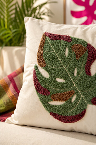 Pilloveland Punch Embroidered Throw Pillow Cover - 43*43 cm - Monstera - Pnk001