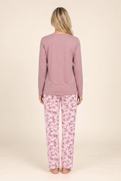 BAYKAR Set pijamale de damă din bumbac, cu decolteu rotund, cu imprimeu floral, cu mânecă lungă 9936 Dusty Rose