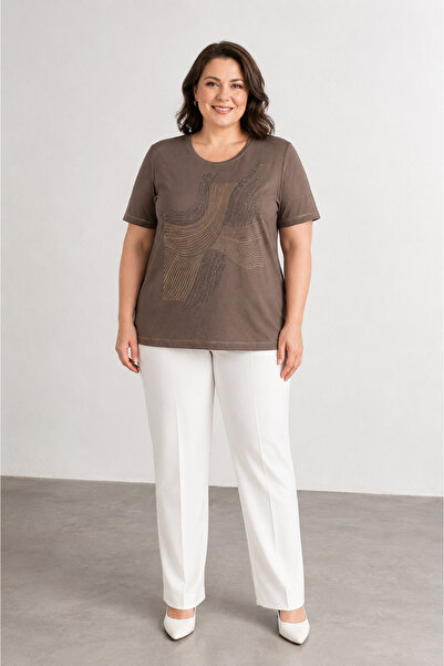 bihan store Women's Stone and Piping Pattern Detailed Short Sleeve Crew Neck ...