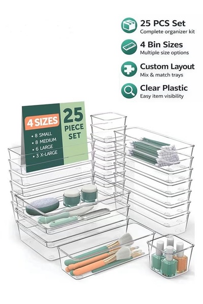 zeetwo 25-Piece Clear Drawer Organizer Tray Set – Stackable Storage Bins with...